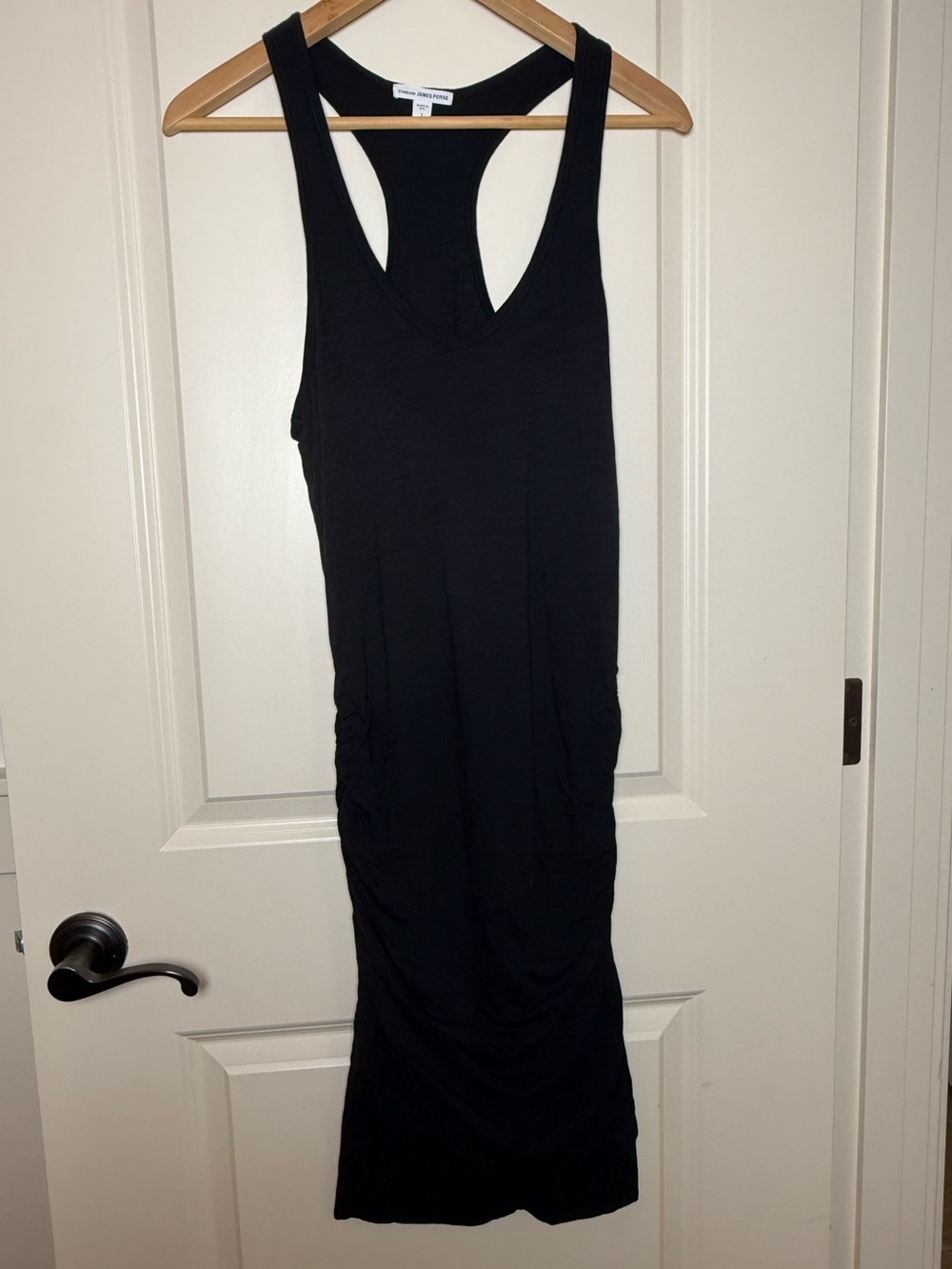 James Perse Standard Black Skinny Ruched Racerback Tank Dress Size 1 S Edgy LBD